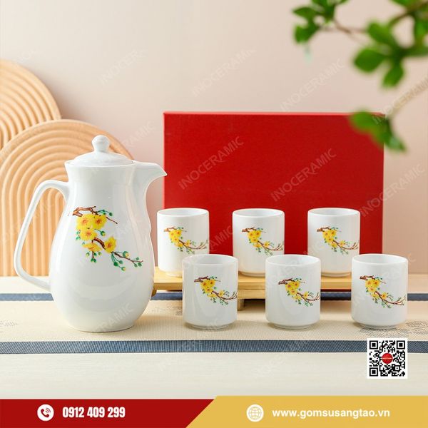 Set bình nước và 6 cốc gốm sứ mai vàng cao cấp Bát Tràng