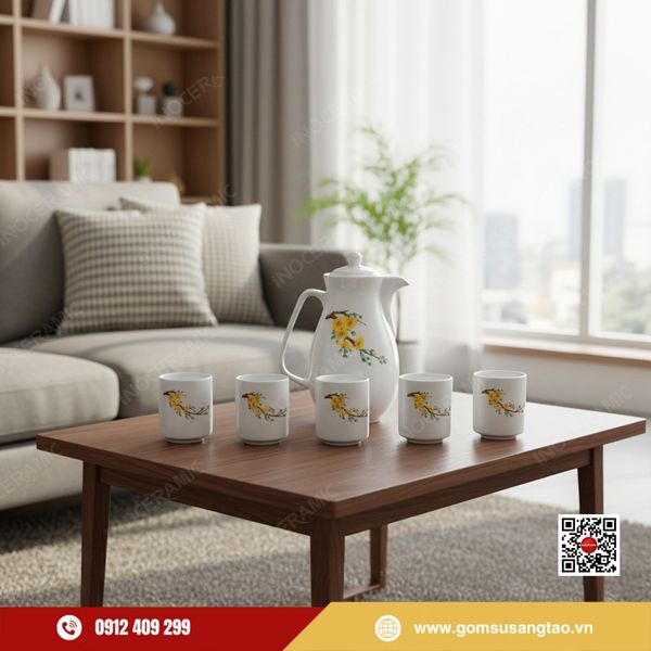 Bình nước gốm sứ hoa mai vàng và 6 cốc đồng bộ cao cấp