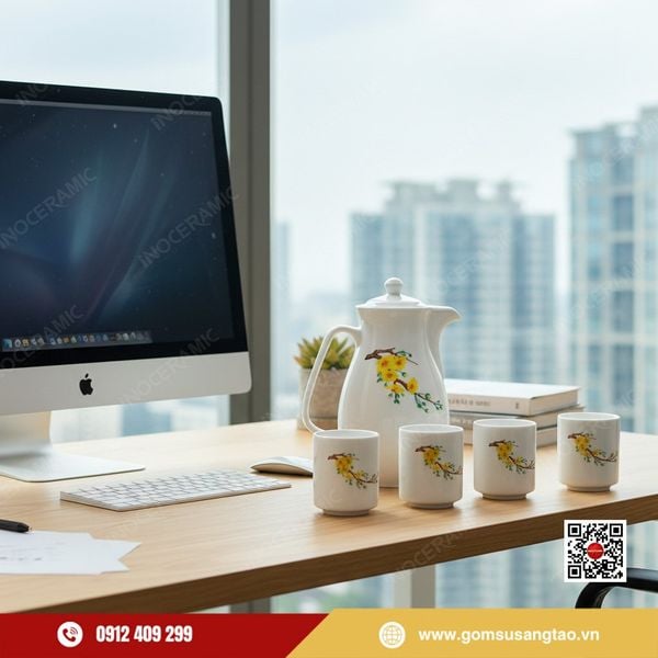 Quà tặng Tết gốm sứ Bát Tràng bình nước mai vàng cho doanh nghiệp