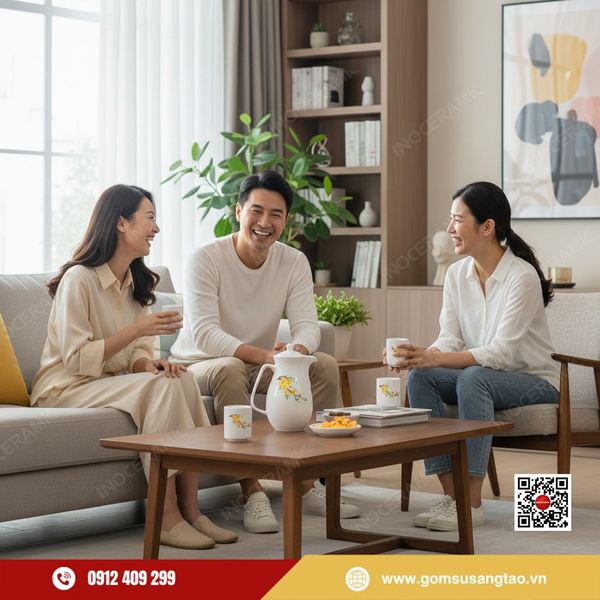 Quà tặng Tết gốm sứ Bát Tràng bình nước mai vàng cho doanh nghiệp