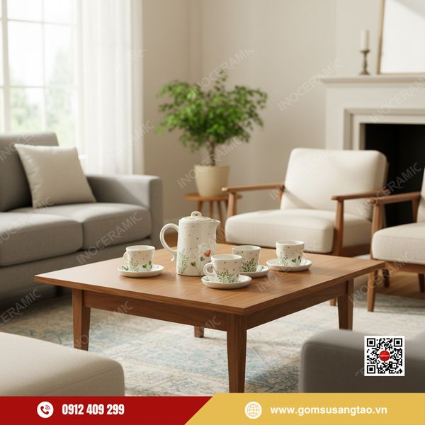 Bình nước gốm sứ Bát Tràng và 6 cốc 6 đĩa họa tiết Indochine