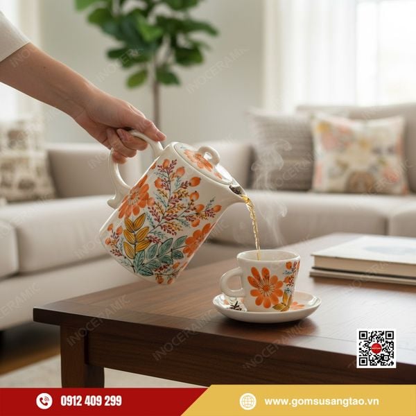 Bộ bình cốc gốm sứ Indochine Hương Xuân vẽ tay đẹp sang trọng