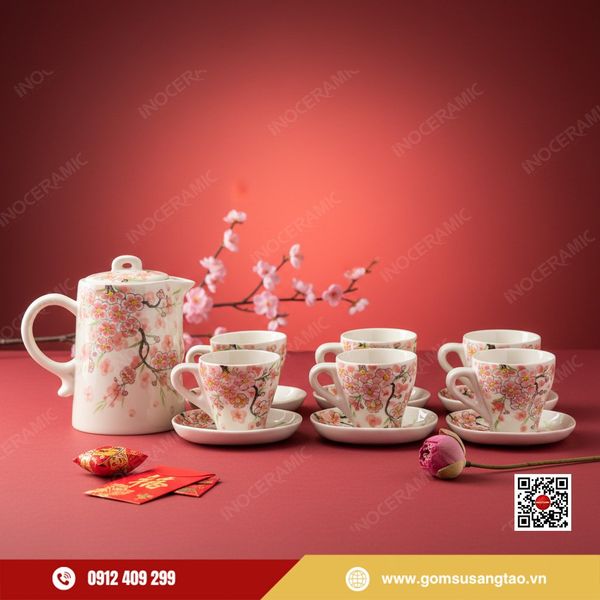 Bộ bình nước Indochine Đào Hồng gốm sứ Bát Tràng làm quà Tết
