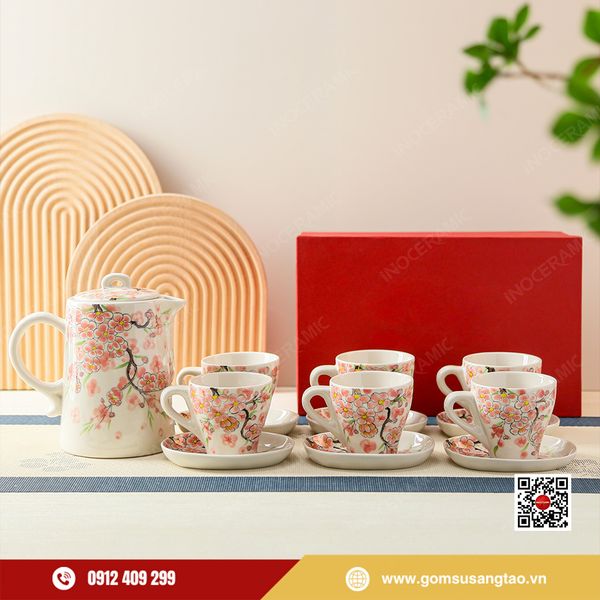 Set bình nước, 6 cốc và đĩa lót họa tiết đào hồng vẽ tay