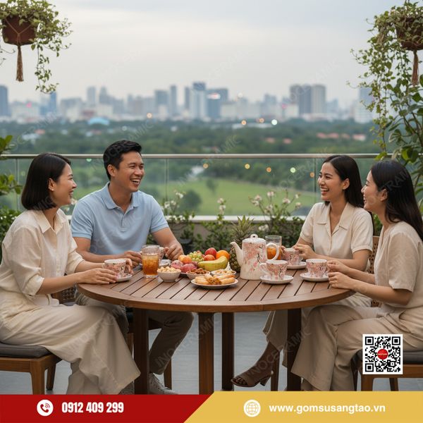 Bộ bình và cốc gốm sứ hoa đào hồng phong cách Đông Dương