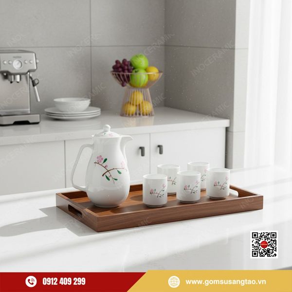 Quà Tết doanh nghiệp bộ bình nước gốm sứ vẽ tay cao cấp