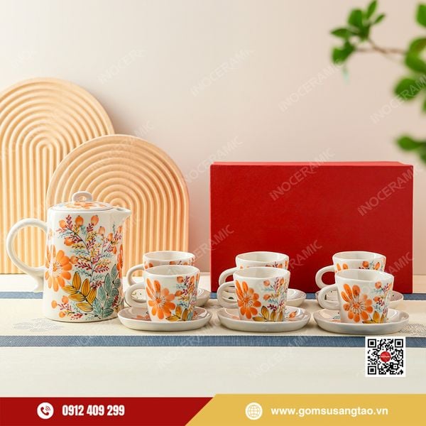 Bộ bình nước Indochine Hương Xuân gốm sứ Bát Tràng làm quà Tết