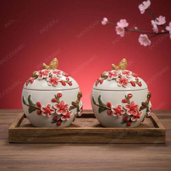 Khay mứt Tết gốm sứ Bát Tràng kèm khay gỗ sang trọng