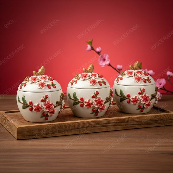 Hũ đựng hạt điều gốm sứ hoa văn cành hoa đào