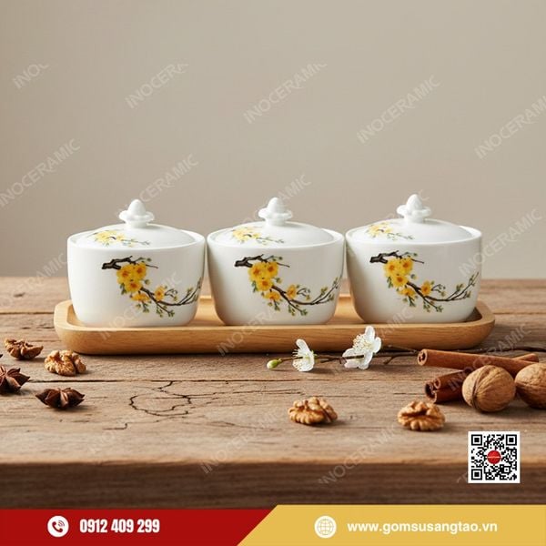 Khay đựng bánh kẹo men sứ trắng họa tiết hoa mai vàng dùng cho set quà Tết.