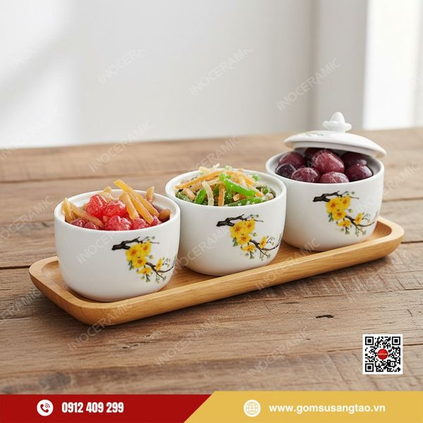 Hũ đựng hạt men trắng hoa mai vàng Bát Tràng cao cấp.