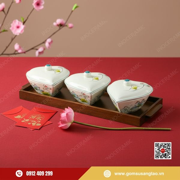 Hũ đựng mứt hoa sen men ngà trên khay gỗ tự nhiên dùng cho set quà Tết.