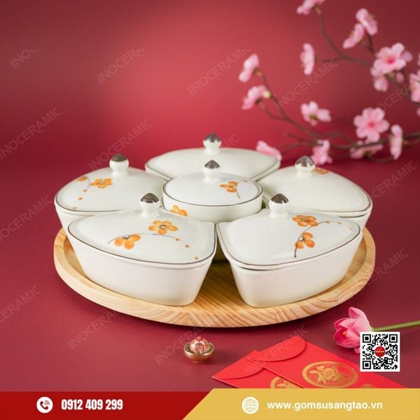 Khay đựng bánh kẹo Tết gốm sứ Bát Tràng