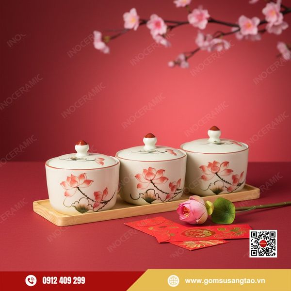Bộ khay mứt hoa sen gốm sứ Bát Tràng họa tiết sen hồng vẽ tay