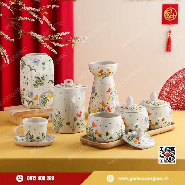 Bộ quà Tết gốm sứ Bát Tràng Indochine Sắc Xuân cao cấp 2026