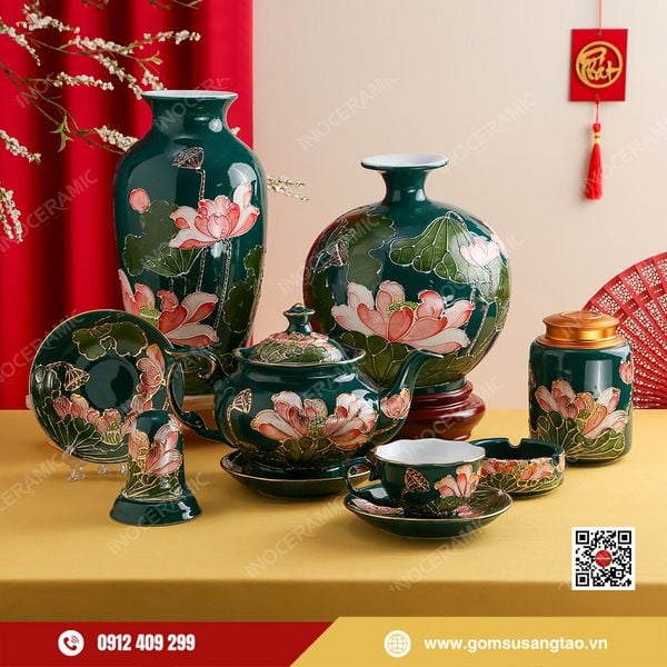 Bộ sưu tập Ngọc Liên Phú Quý gốm sứ Bát Tràng làm quà Tết cao cấp.
