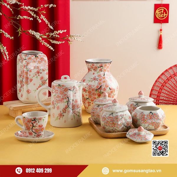 Bộ quà Tết gốm sứ Bát Tràng Indochine Đào Hồng cao cấp 2026