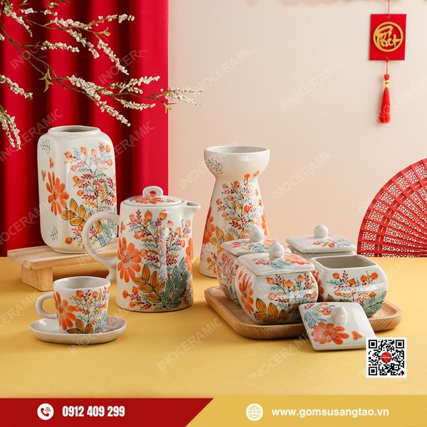 Bộ quà Tết gốm sứ Bát Tràng Indochine Hương Xuân cao cấp 2026