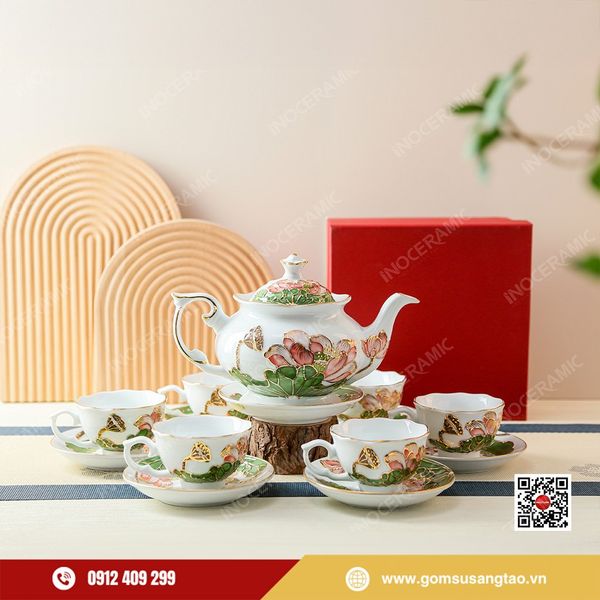 Bộ ấm chén trà gốm sứ hoa sen Liên Hoa Tịnh Ngọc dùng làm quà Tết