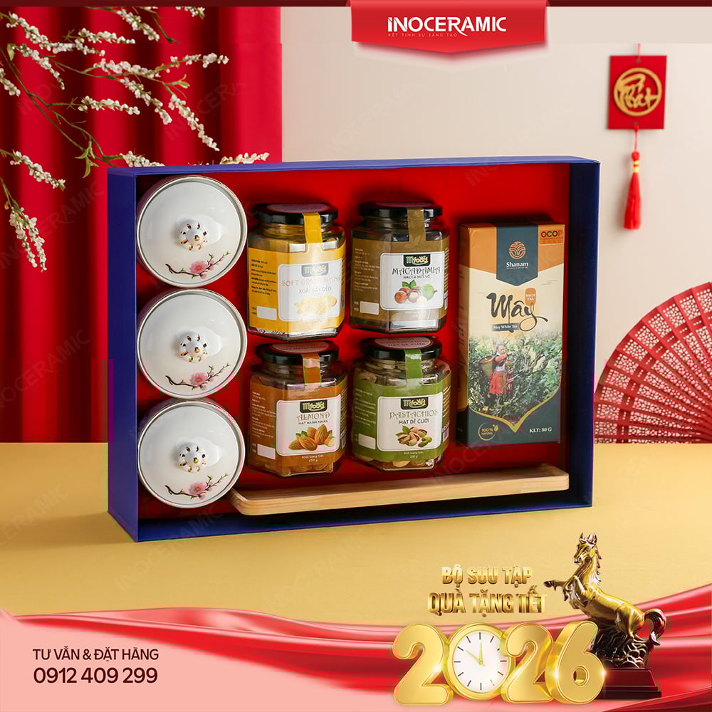 Giftset quà biếu Tết 2026 gồm bộ khay mứt Bát Tràng in logo kèm hũ mứt, hộp trà.