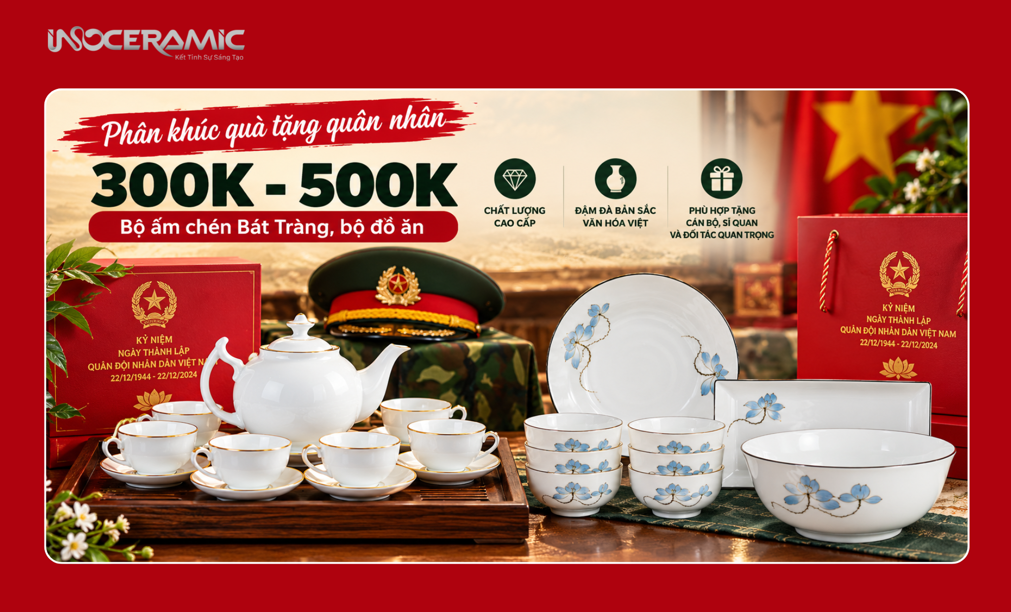 Bộ ấm chén và bộ đồ ăn Bát Tràng sang trọng dành làm quà tặng ngành quân đội cao cấp