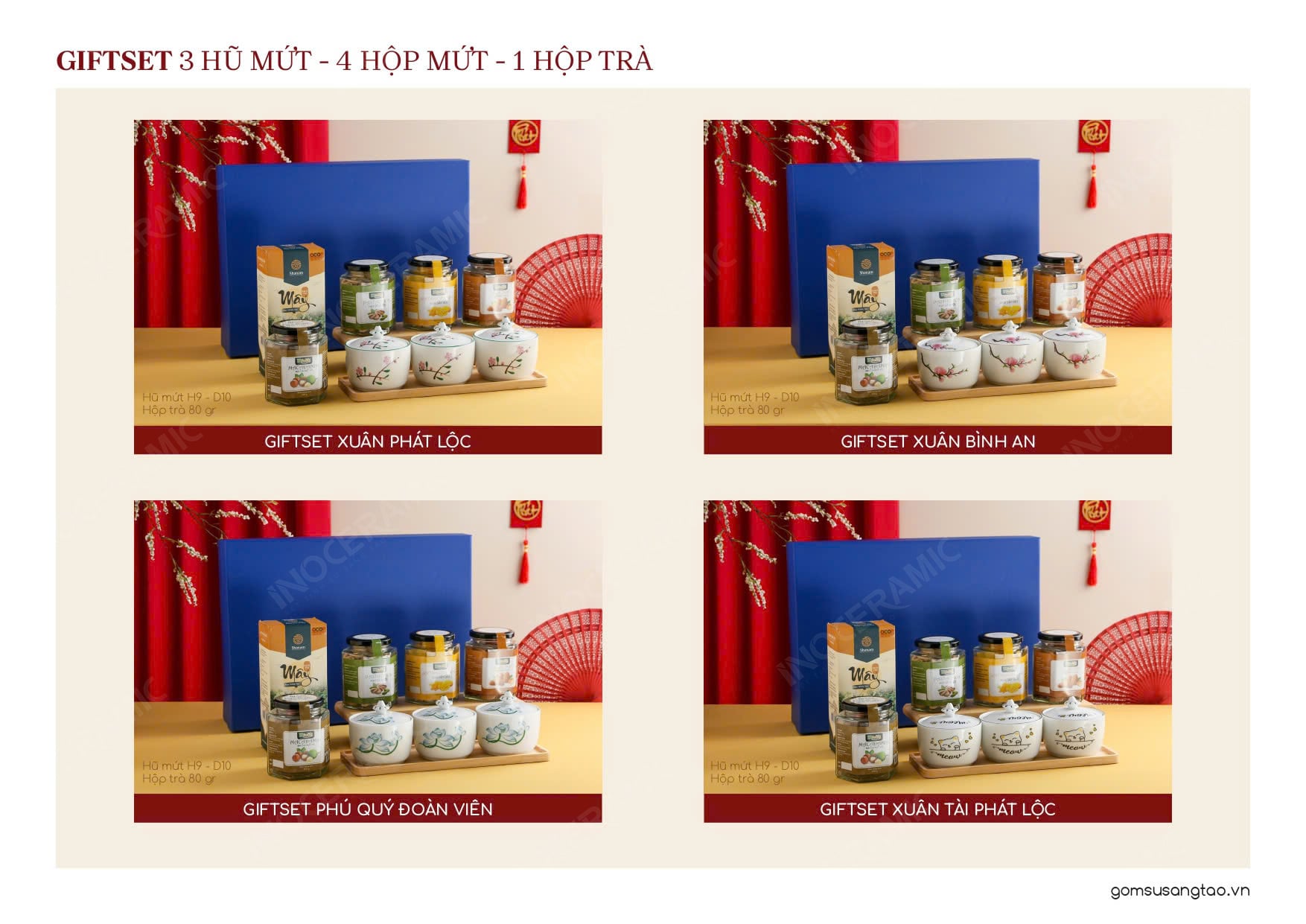 Mẫu hộp quà biếu Tết 2026 bao gồm khay hũ mứt kèm hộp mứt và hộp trà.