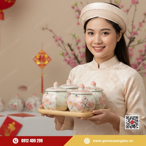 Set quà Tết Indochine Đào Hồng gồm lọ hoa và hũ mứt