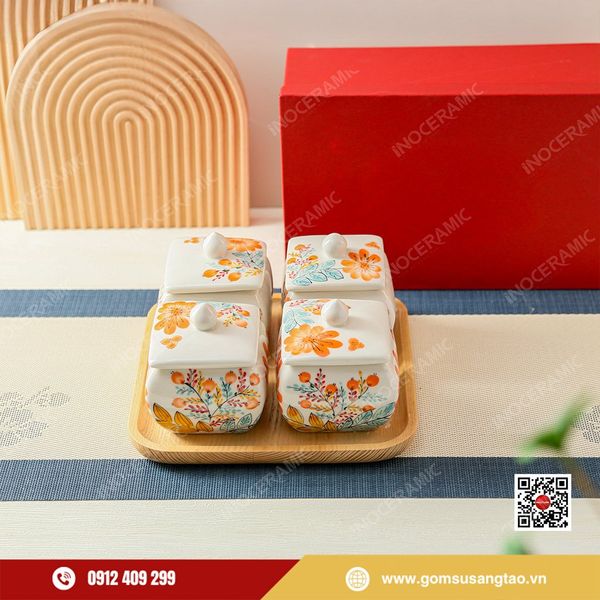 Bộ hũ mứt Tết hoa cam vàng gốm sứ Bát Tràng chính hãng