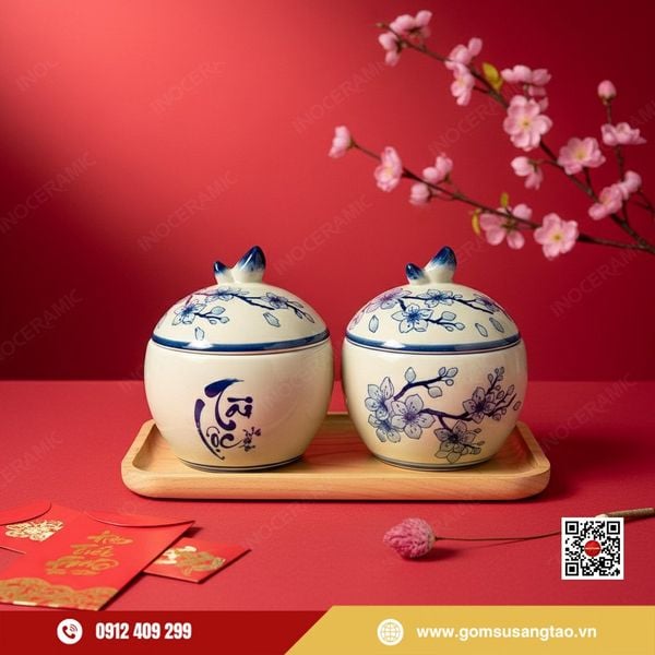 bo khay mut Bat Trang hoa dao xanh ve tay phu hop lam hop qua Tet cao cap