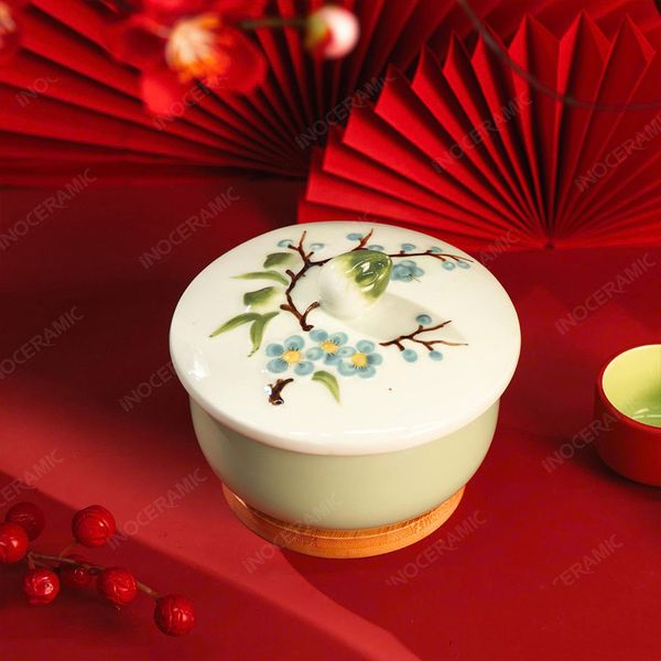 Khay hũ đựng mứt hoa đào men ngọc Bát Tràng