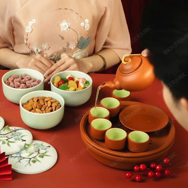Khay hũ đựng mứt Bát Tràng - Quà tết in logo doanh nghiệp