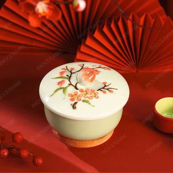 Hũ mứt Tết hoa đào hồng gốm sứ Bát Tràng in logo quà tặng