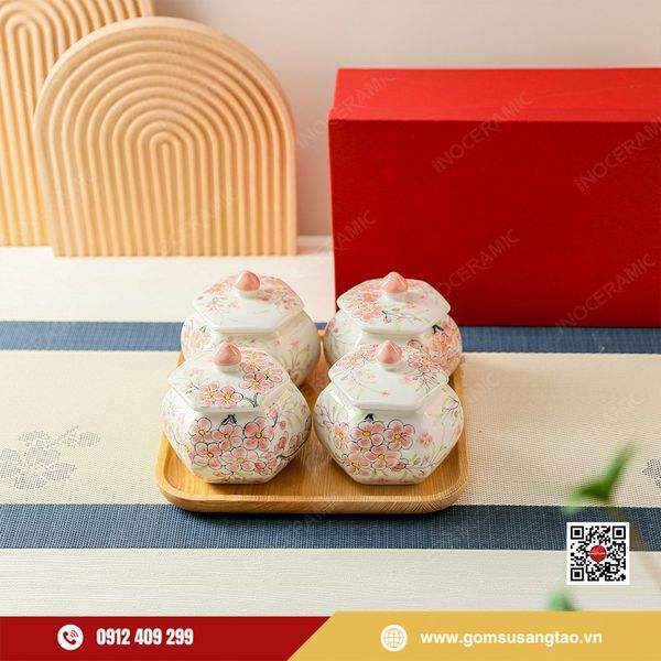 Bộ hũ mứt Tết hoa đào gốm sứ Bát Tràng chính hãng