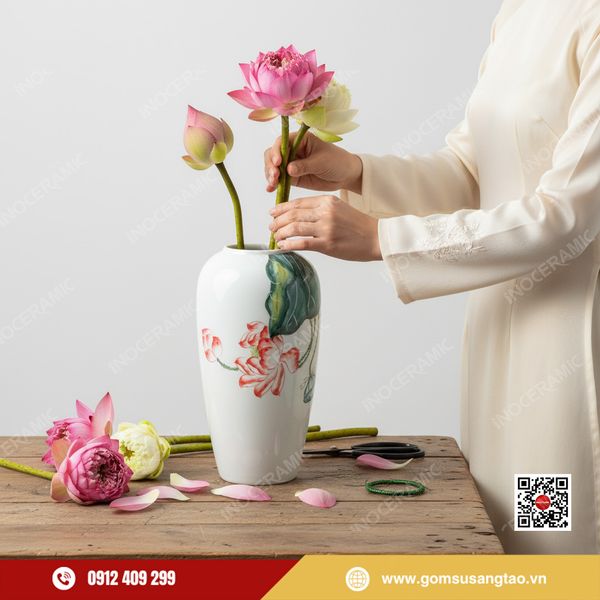 Bình hoa Tết men trắng họa tiết sen hồng thanh nhã.