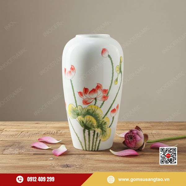 Lọ hoa Liên Hoa Khai Phúc gốm sứ Bát Tràng vẽ tay làm quà Tết sang trọng