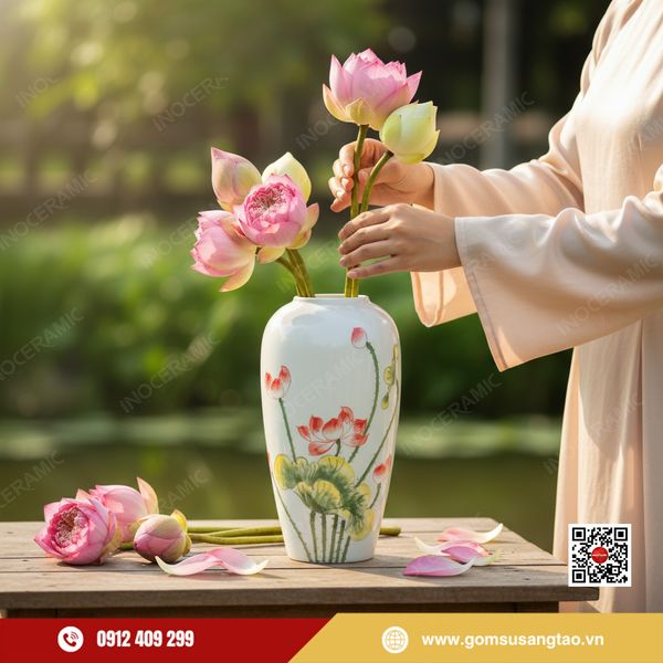 Bình hoa Tết men trắng họa tiết sen đỏ và lá vàng tinh xảo