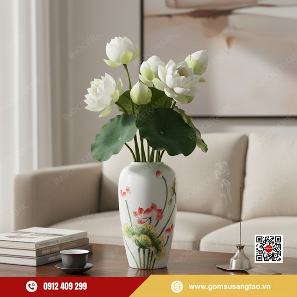 Lọ hoa gốm sứ vẽ tay men trắng Bát Tràng sang trọng