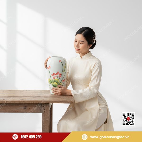 Bình hoa Tết vẽ tay Liên Hoa Khai Phúc thanh nhã