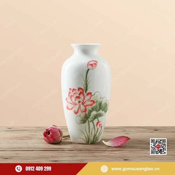 Lọ hoa Hồng Liên Thanh Ngọc gốm sứ Bát Tràng vẽ tay làm quà Tết cao cấp