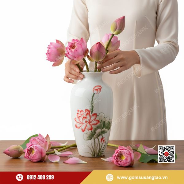 Bình hoa Tết men trắng họa tiết hoa sen hồng thanh nhã