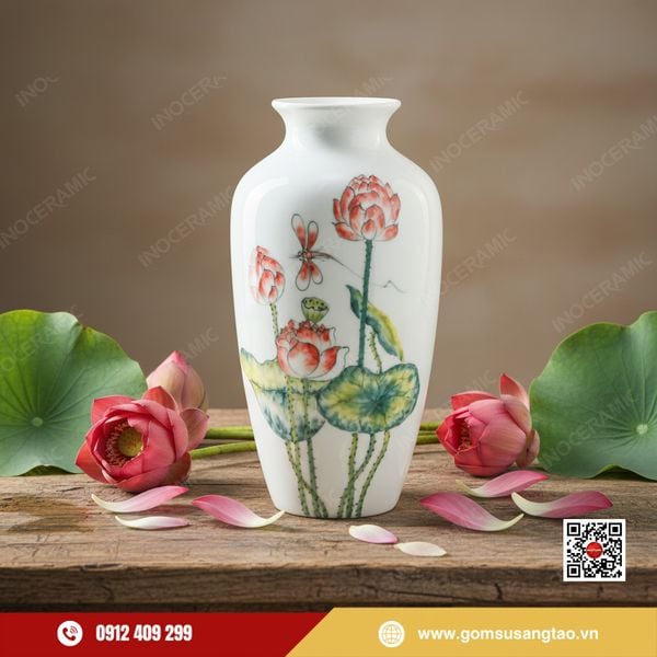 Lọ hoa Liên Phi Vũ gốm sứ Bát Tràng vẽ tay làm quà Tết sang trọng