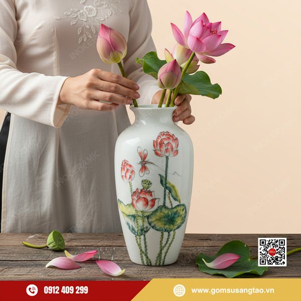Bình hoa Tết họa tiết sen và chuồn chuồn phong thủy tinh xảo