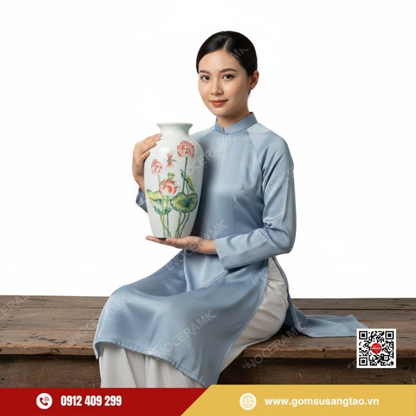 Bình hoa Tết men trắng vẽ tay hoa sen cao cấp