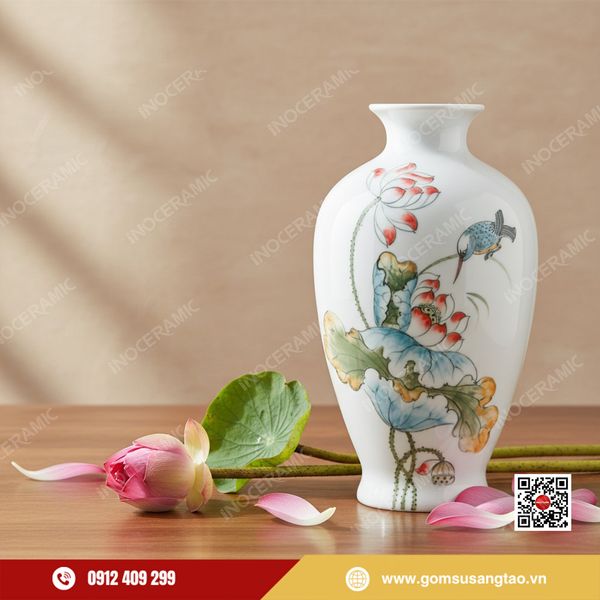 Lọ hoa Hương Liên Tước gốm sứ Bát Tràng vẽ tay hoa sen và chim hút mật