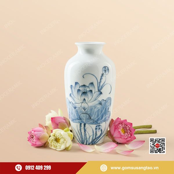 Lọ hoa Thanh Liên Cổ Ngọc gốm sứ Bát Tràng vẽ tay làm quà Tết cao cấp