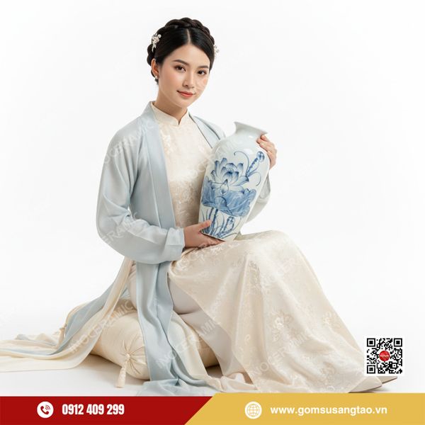 Bình hoa Tết vẽ tay men lam cổ điển sang trọng.