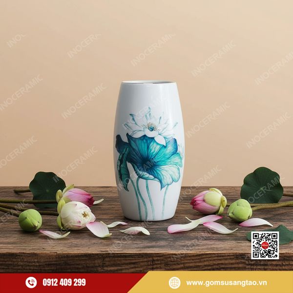 Lọ hoa Sen Xanh Chỉ Vàng gốm sứ Bát Tràng vẽ tay làm quà Tết cao cấp