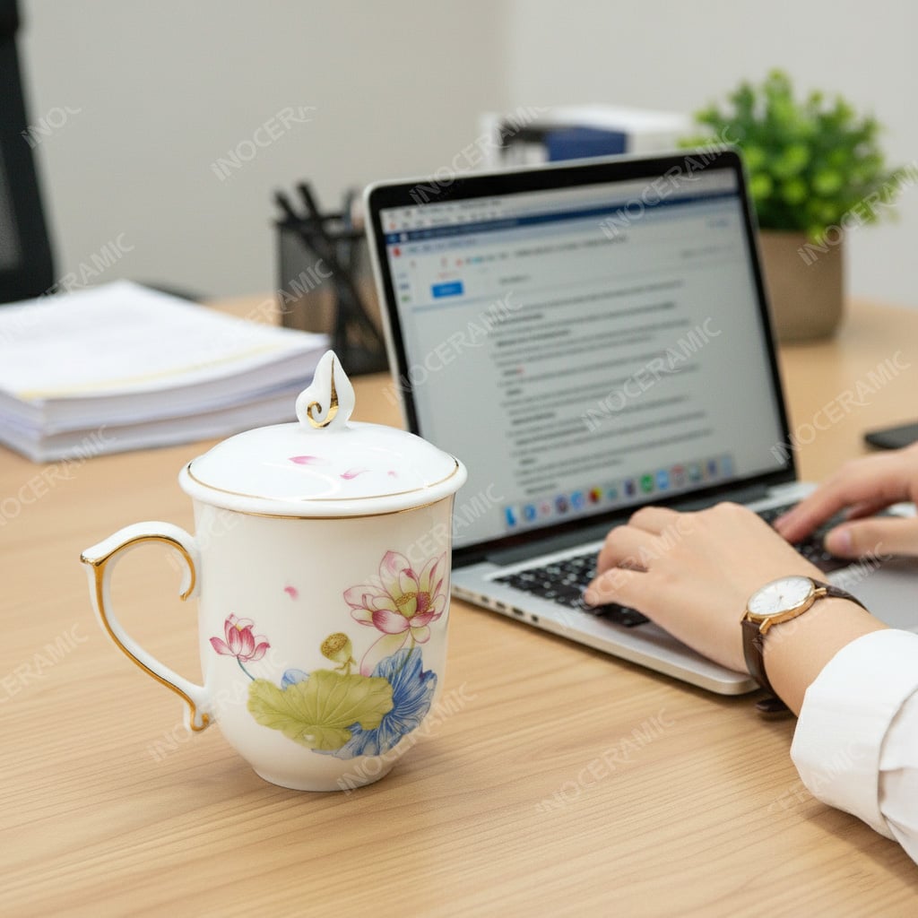 Mẫu ly sứ Bát Tràng in logo quà tặng nhân viên văn phòng.