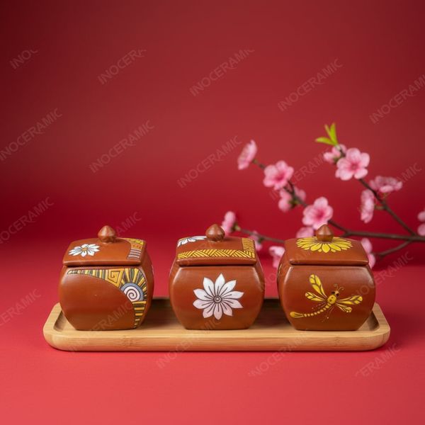 Bộ hũ mứt vuông bầu gốm Bát Tràng kèm khay gỗ quà Tết