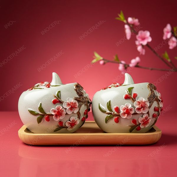 Bộ Khay Hũ Mứt Dáng Quả Đào Gốm Sứ Bát Tràng Quà Tết